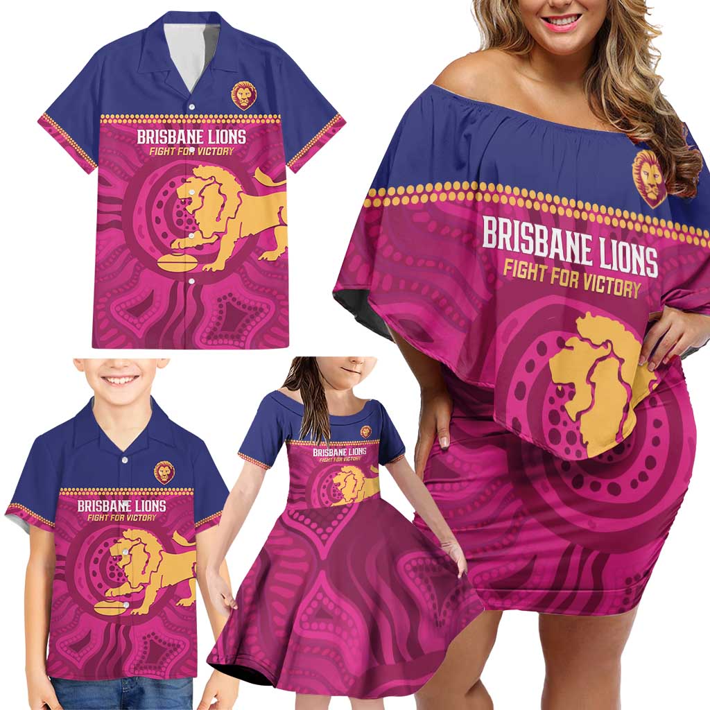 AFL Lions Football Custom Family Matching Off Shoulder Short Dress and Hawaiian Shirt Brisbane Fight For Victory Indigenous Art - Aussie Hoodie