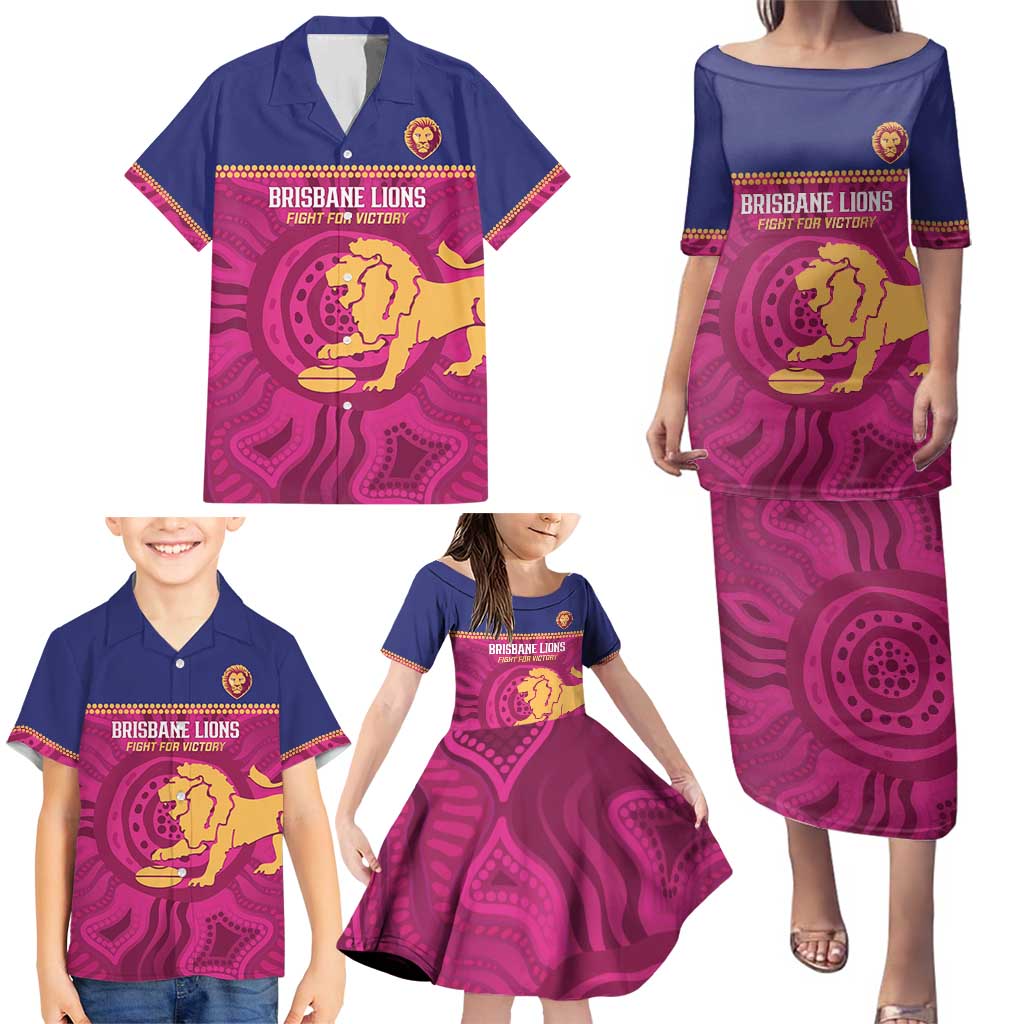 AFL Lions Football Custom Family Matching Puletasi and Hawaiian Shirt Brisbane Fight For Victory Indigenous Art - Aussie Hoodie
