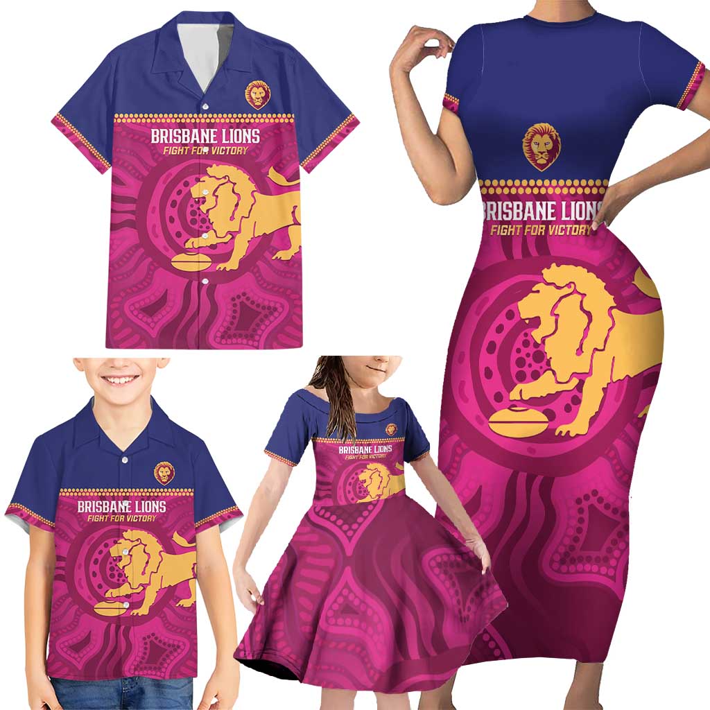 AFL Lions Football Custom Family Matching Short Sleeve Bodycon Dress and Hawaiian Shirt Brisbane Fight For Victory Indigenous Art - Aussie Hoodie
