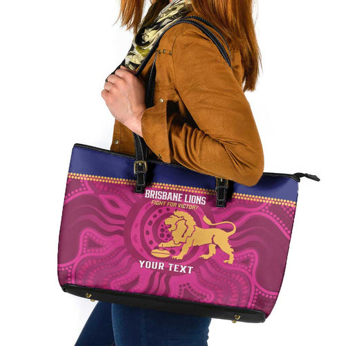 AFL Lions Football Custom Leather Tote Bag Brisbane Fight For Victory Indigenous Art - Aussie Hoodie