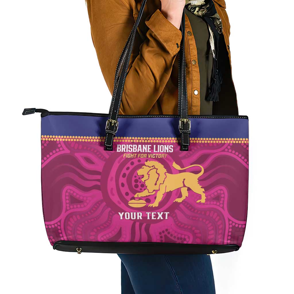 AFL Lions Football Custom Leather Tote Bag Brisbane Fight For Victory Indigenous Art - Aussie Hoodie
