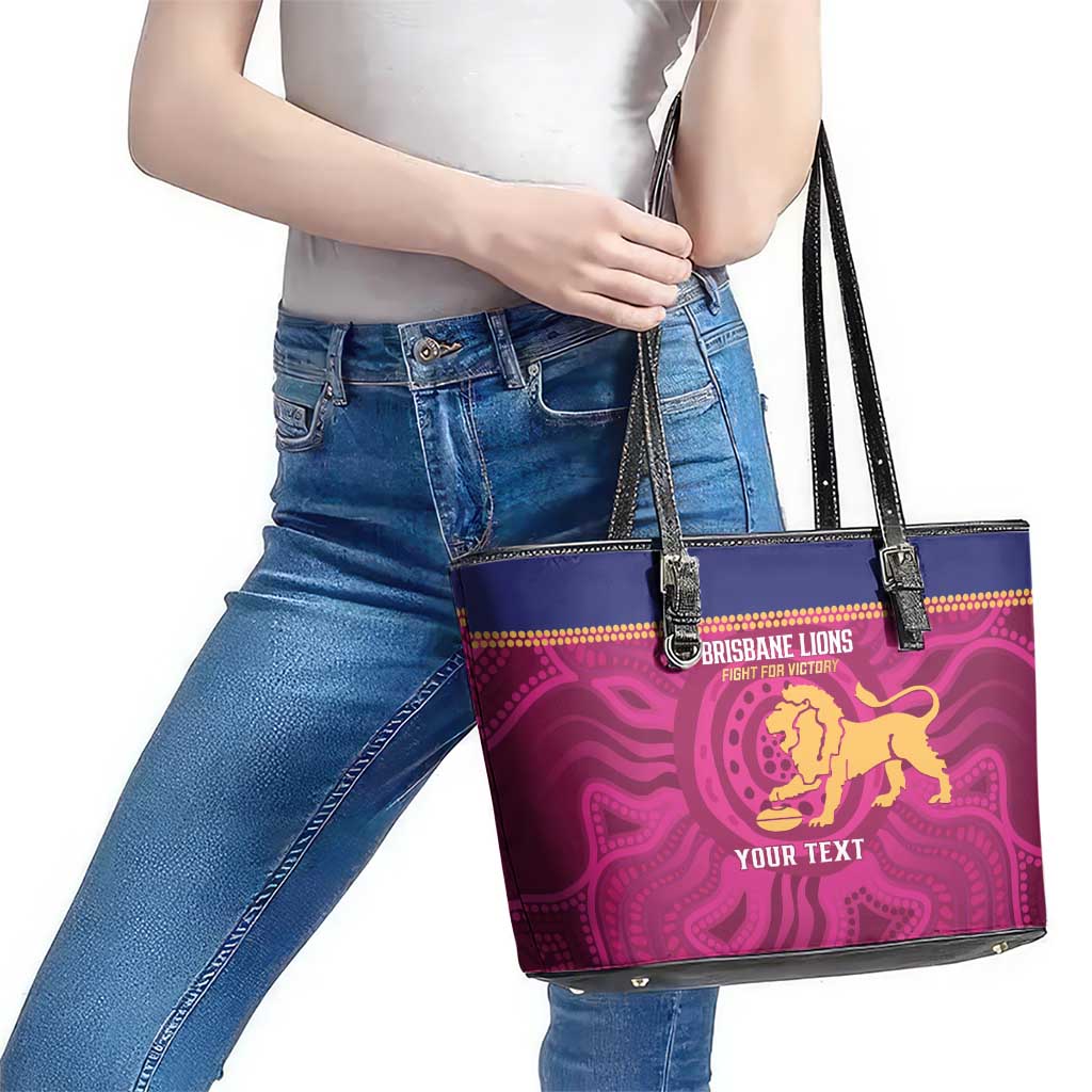 AFL Lions Football Custom Leather Tote Bag Brisbane Fight For Victory Indigenous Art - Aussie Hoodie