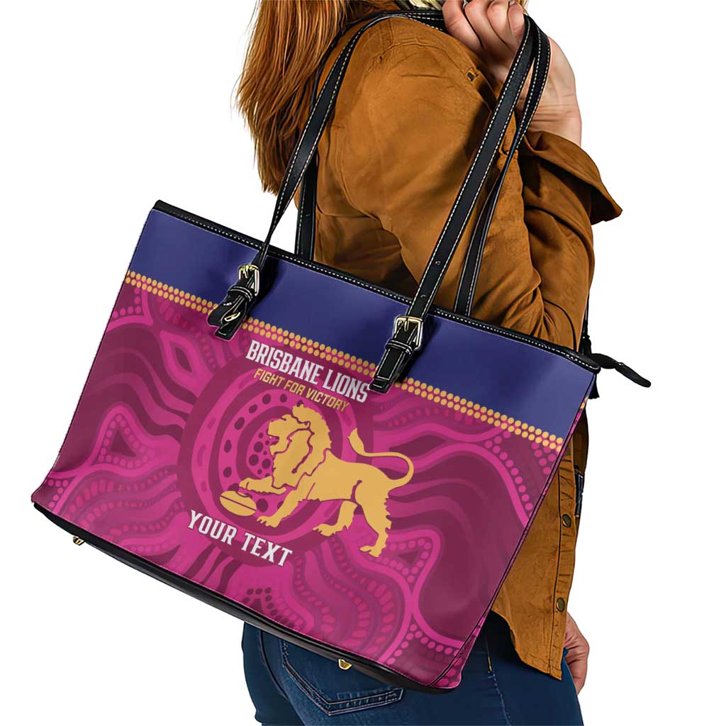 AFL Lions Football Custom Leather Tote Bag Brisbane Fight For Victory Indigenous Art - Aussie Hoodie