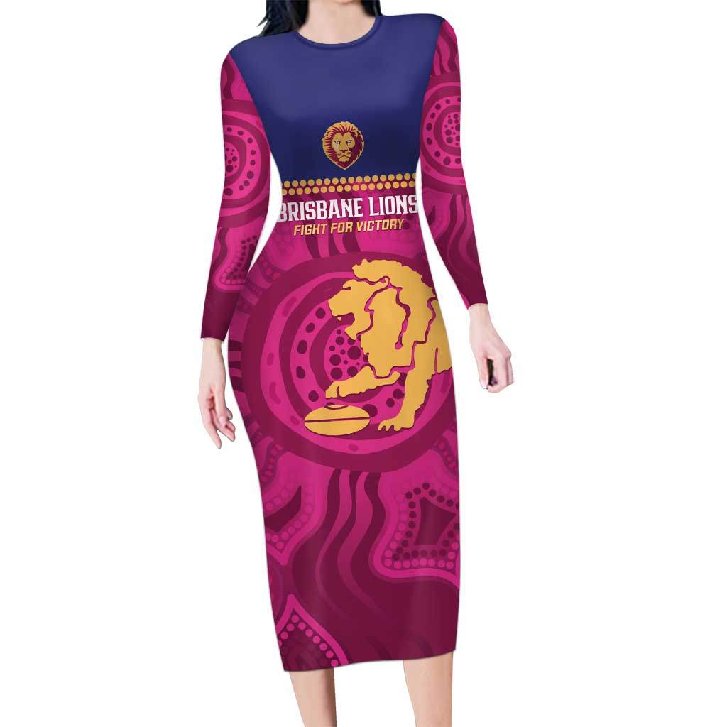 AFL Lions Football Custom Long Sleeve Bodycon Dress Brisbane Fight For Victory Indigenous Art - Aussie Hoodie