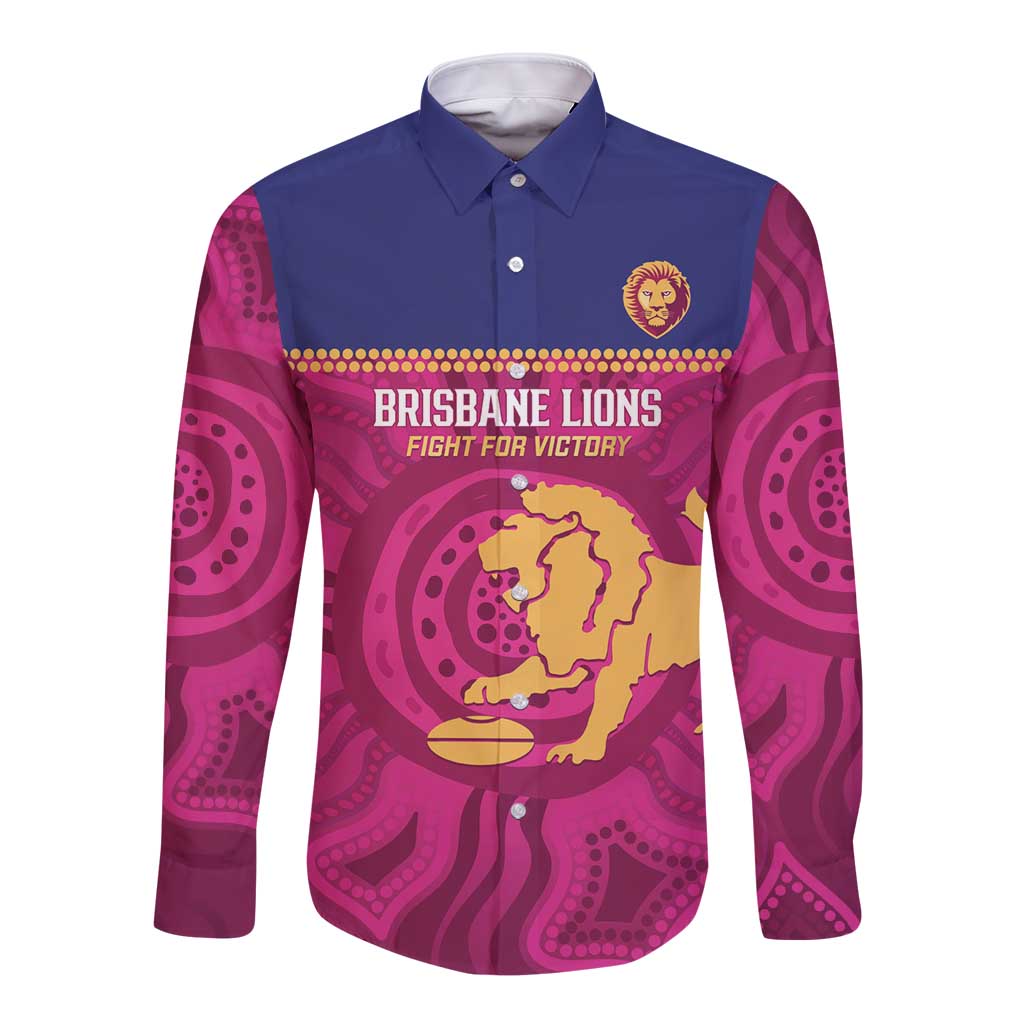 AFL Lions Football Custom Long Sleeve Button Shirt Brisbane Fight For Victory Indigenous Art - Aussie Hoodie