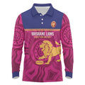 AFL Lions Football Custom Long Sleeve Polo Shirt Brisbane Fight For Victory Indigenous Art - Aussie Hoodie