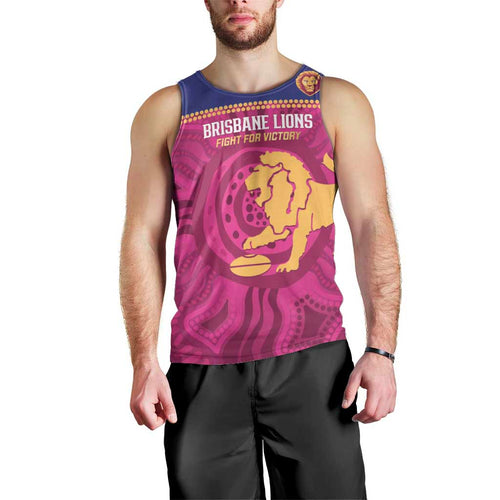 AFL Lions Football Custom Men Tank Top Brisbane Fight For Victory Indigenous Art - Aussie Hoodie