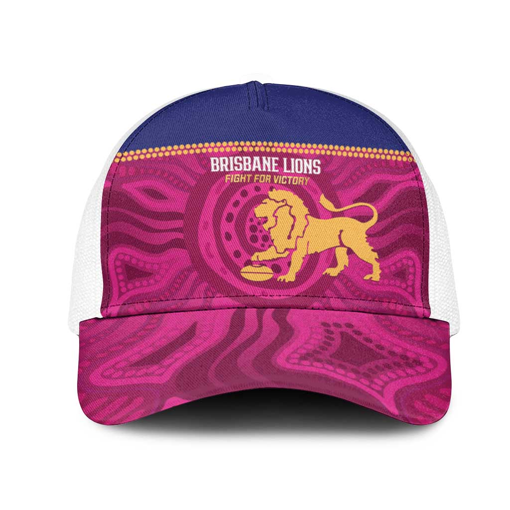AFL Lions Football Mesh Trucker Cap Brisbane Fight For Victory Indigenous Art - Aussie Hoodie