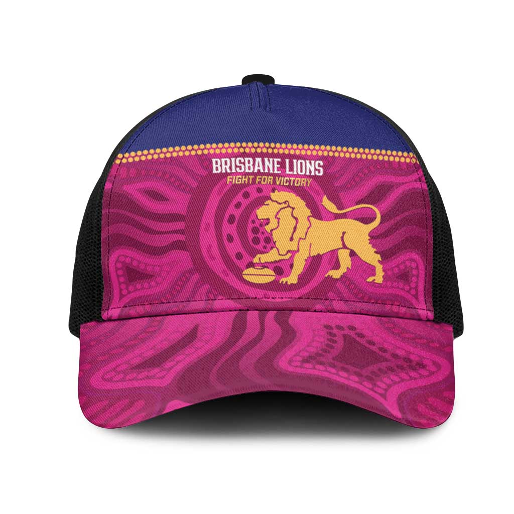 AFL Lions Football Mesh Trucker Cap Brisbane Fight For Victory Indigenous Art - Aussie Hoodie