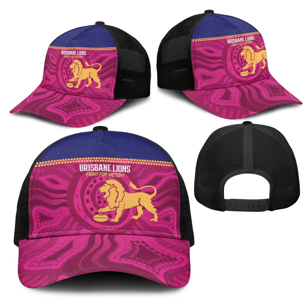 AFL Lions Football Mesh Trucker Cap Brisbane Fight For Victory Indigenous Art - Aussie Hoodie