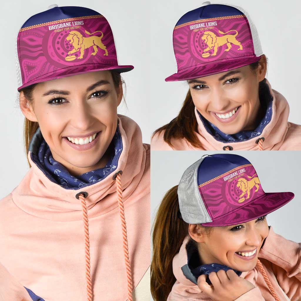 AFL Lions Football Mesh Trucker Cap Brisbane Fight For Victory Indigenous Art - Aussie Hoodie