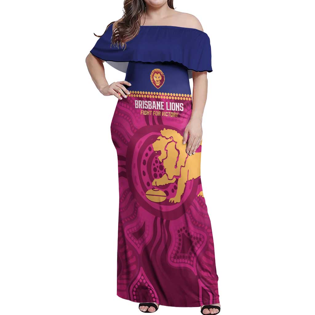 AFL Lions Football Custom Off Shoulder Maxi Dress Brisbane Fight For Victory Indigenous Art - Aussie Hoodie