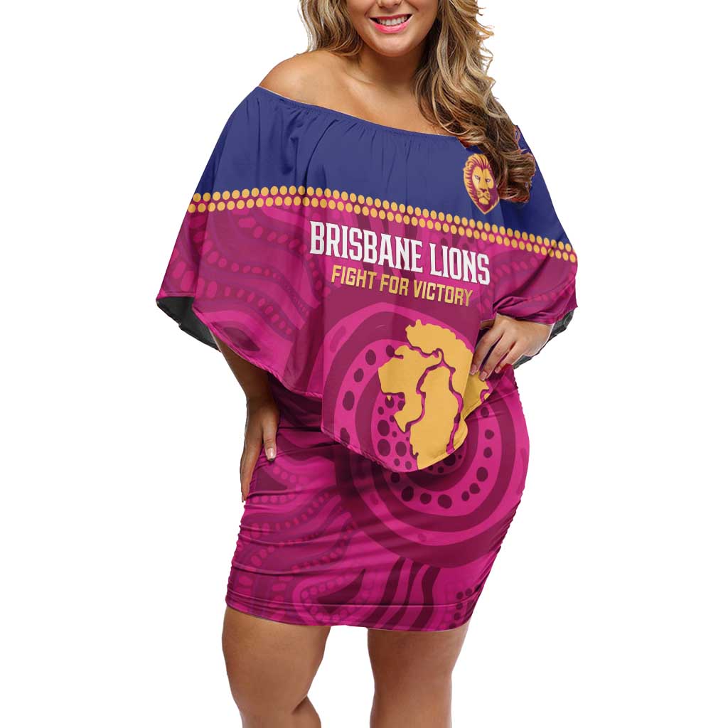 AFL Lions Football Custom Off Shoulder Short Dress Brisbane Fight For Victory Indigenous Art - Aussie Hoodie