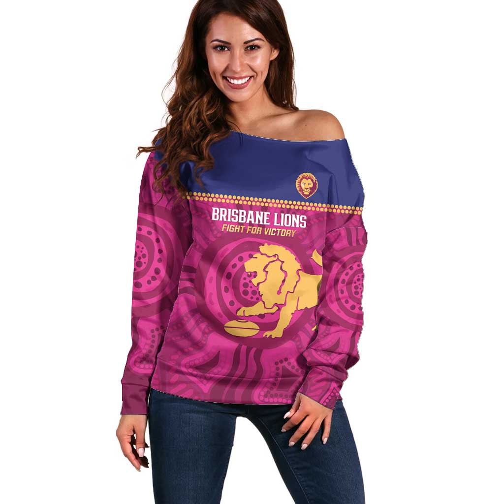 AFL Lions Football Custom Off Shoulder Sweater Brisbane Fight For Victory Indigenous Art - Aussie Hoodie