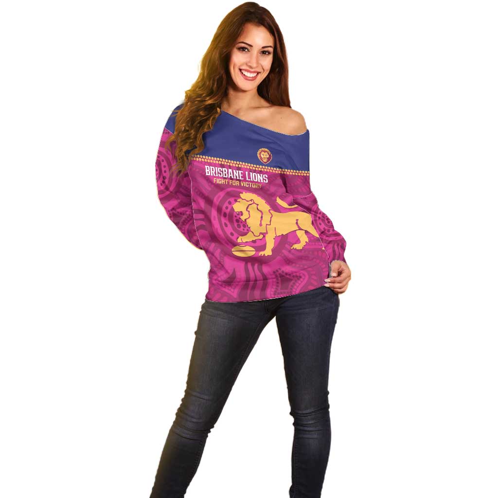 AFL Lions Football Custom Off Shoulder Sweater Brisbane Fight For Victory Indigenous Art - Aussie Hoodie