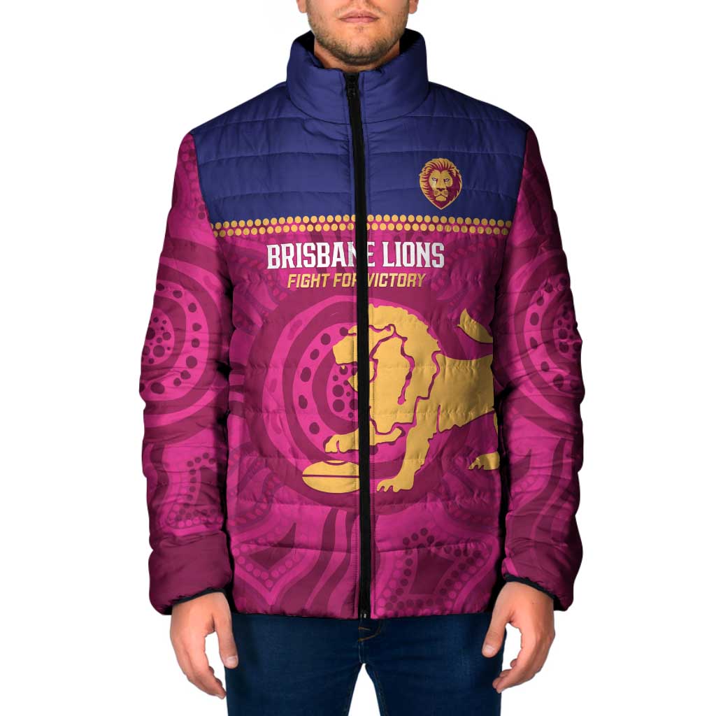 AFL Lions Football Custom Padded Jacket Brisbane Fight For Victory Indigenous Art - Aussie Hoodie