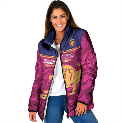AFL Lions Football Custom Padded Jacket Brisbane Fight For Victory Indigenous Art - Aussie Hoodie