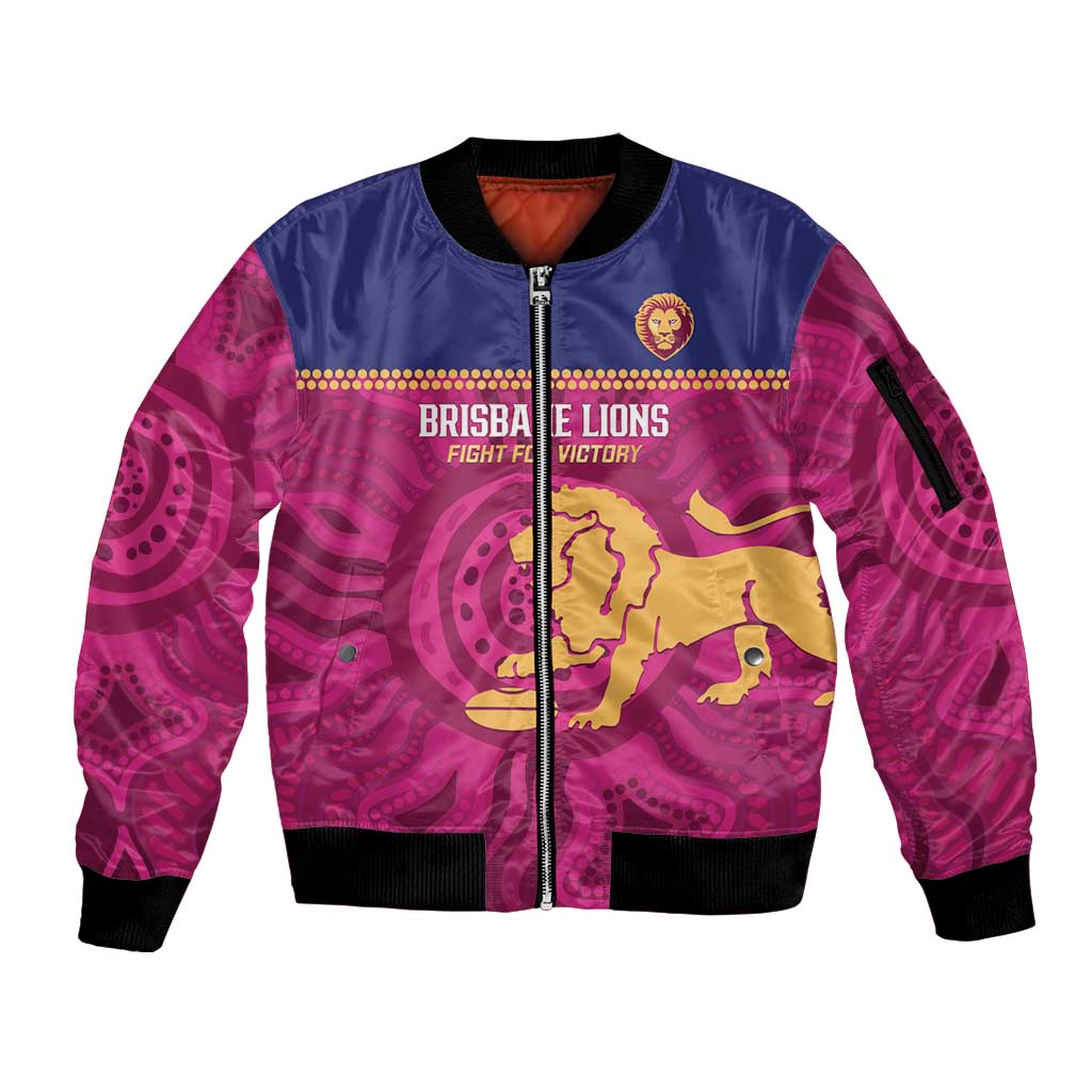 AFL Lions Football Custom Sleeve Zip Bomber Jacket Brisbane Fight For Victory Indigenous Art - Aussie Hoodie
