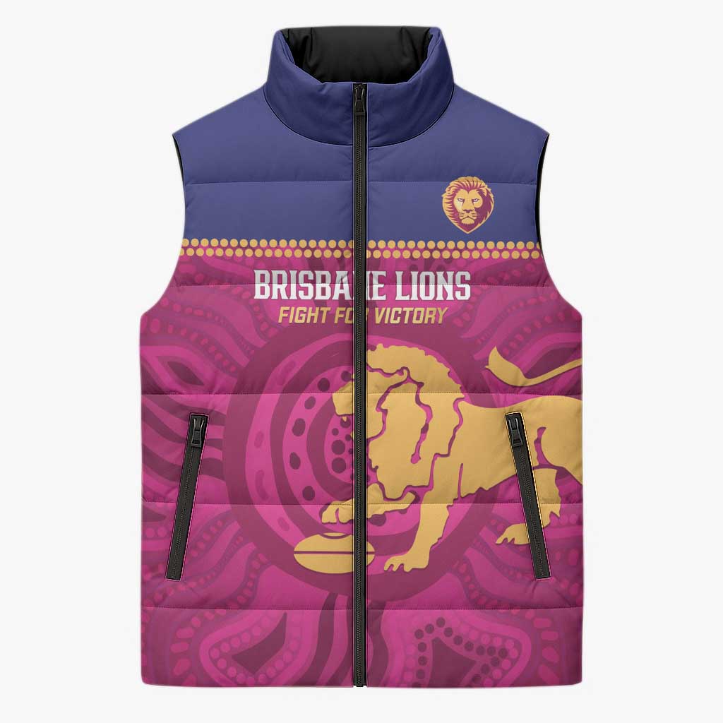 AFL Lions Football Custom Sleeveless Puffer Jacket Brisbane Fight For Victory Indigenous Art - Aussie Hoodie