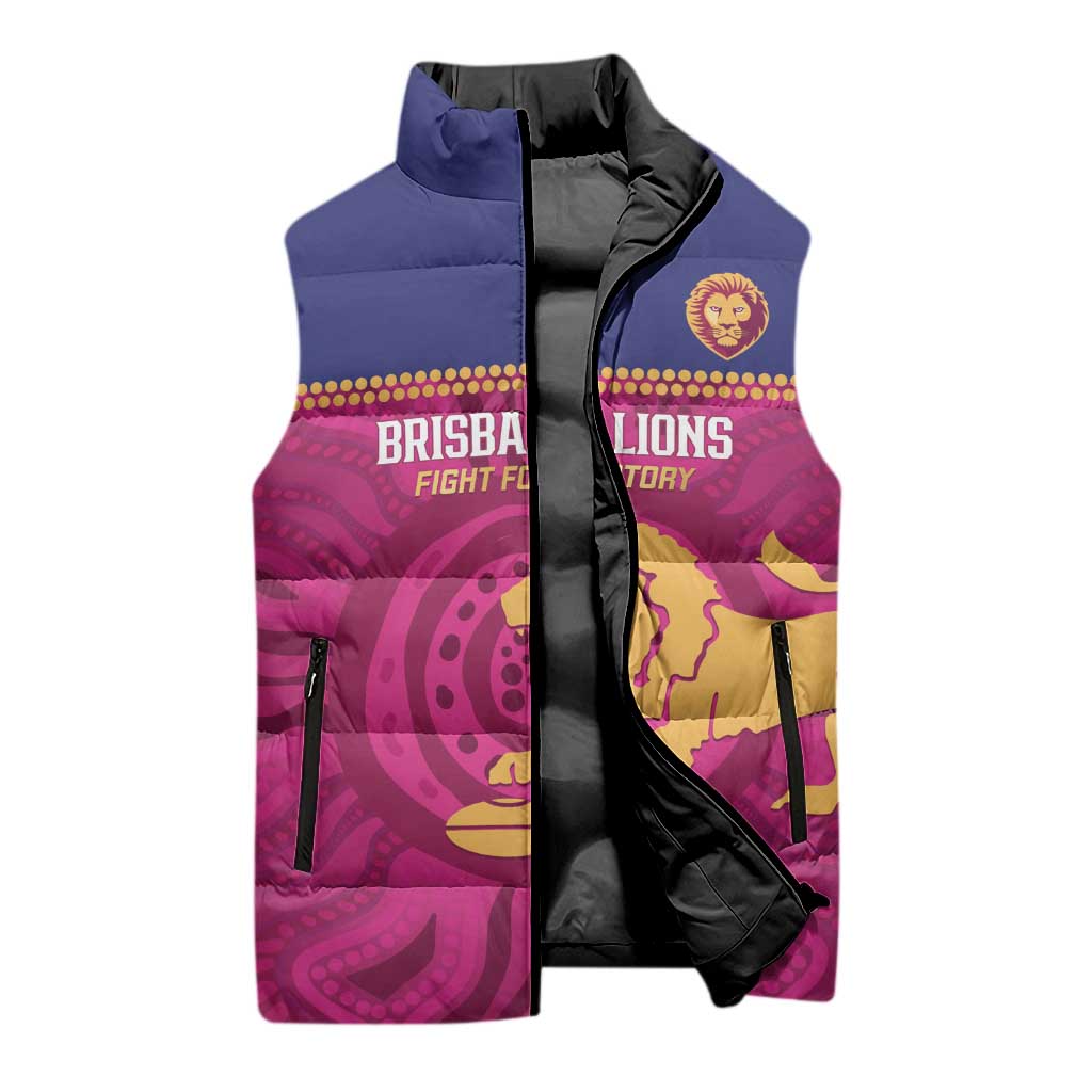 AFL Lions Football Custom Sleeveless Puffer Jacket Brisbane Fight For Victory Indigenous Art - Aussie Hoodie