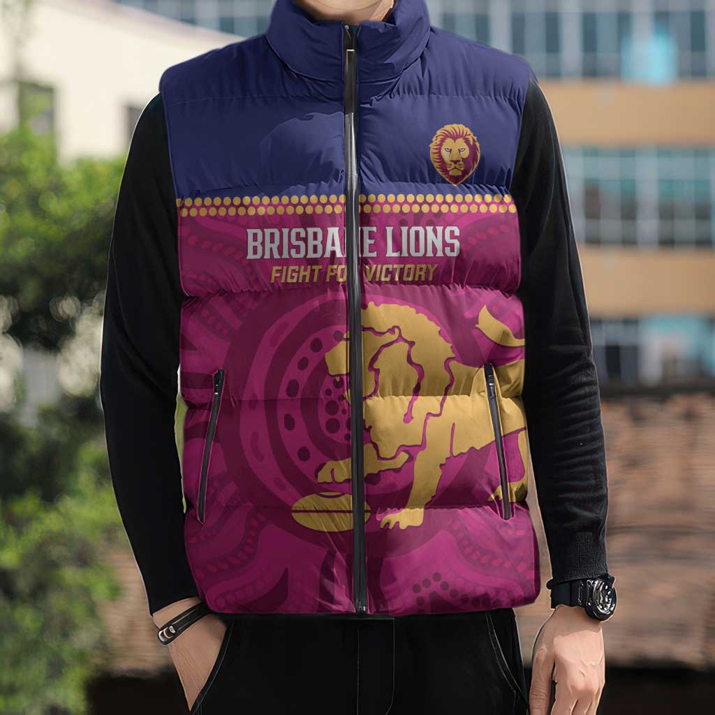 AFL Lions Football Custom Sleeveless Puffer Jacket Brisbane Fight For Victory Indigenous Art - Aussie Hoodie