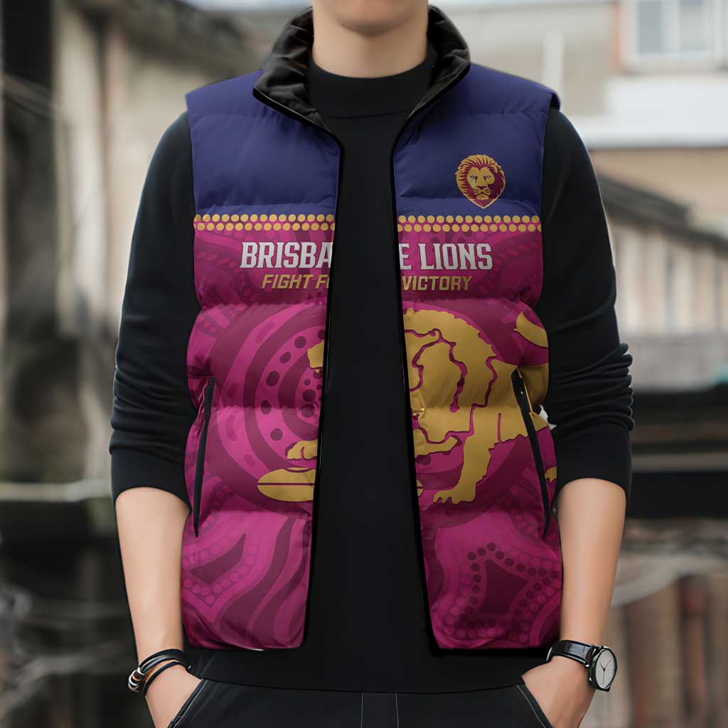 AFL Lions Football Custom Sleeveless Puffer Jacket Brisbane Fight For Victory Indigenous Art - Aussie Hoodie