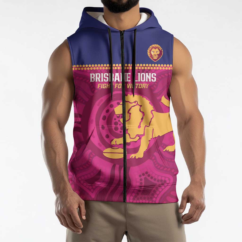 AFL Lions Football Custom Sleeveless Zip Hoodie Brisbane Fight For Victory Indigenous Art LT14