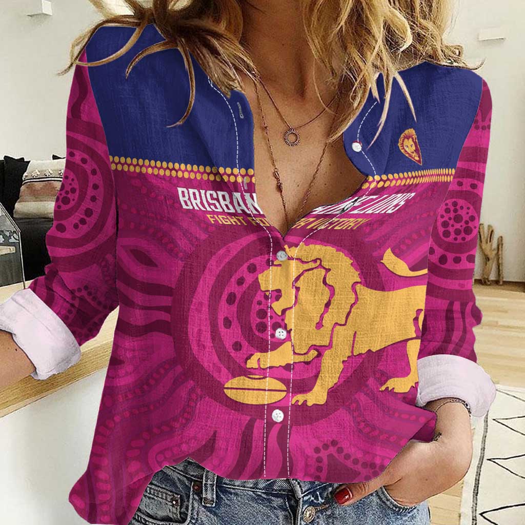 AFL Lions Football Custom Women Casual Shirt Brisbane Fight For Victory Indigenous Art - Aussie Hoodie