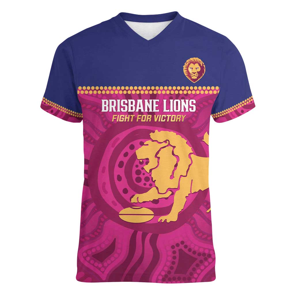 AFL Lions Football Custom Women V-Neck T-Shirt Brisbane Fight For Victory Indigenous Art - Aussie Hoodie