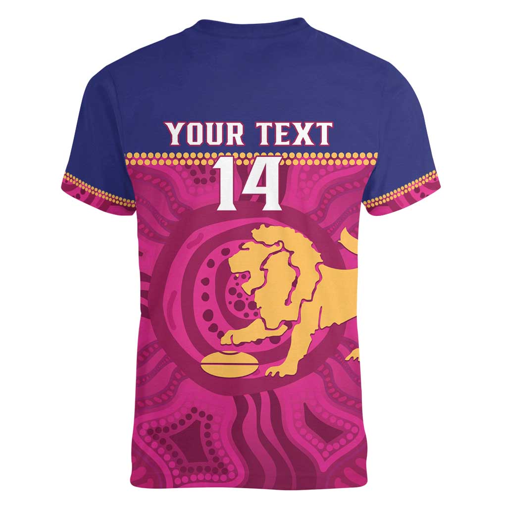 AFL Lions Football Custom Women V-Neck T-Shirt Brisbane Fight For Victory Indigenous Art - Aussie Hoodie