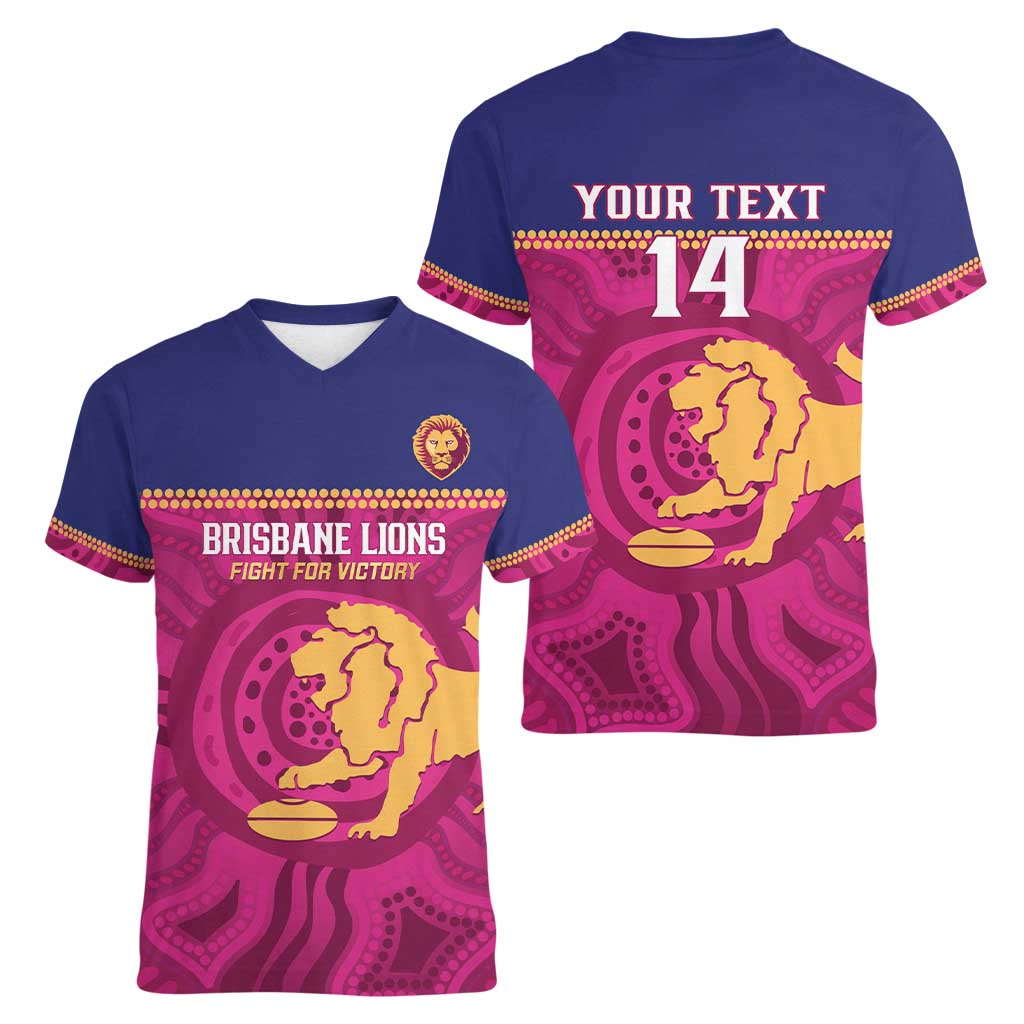 AFL Lions Football Custom Women V-Neck T-Shirt Brisbane Fight For Victory Indigenous Art - Aussie Hoodie