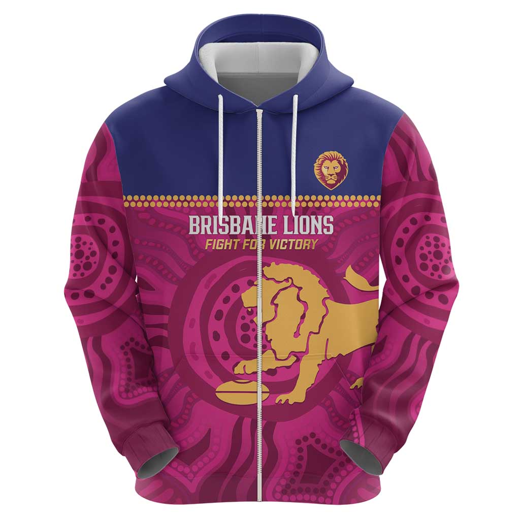 AFL Lions Football Custom Zip Hoodie Brisbane Fight For Victory Indigenous Art - Aussie Hoodie