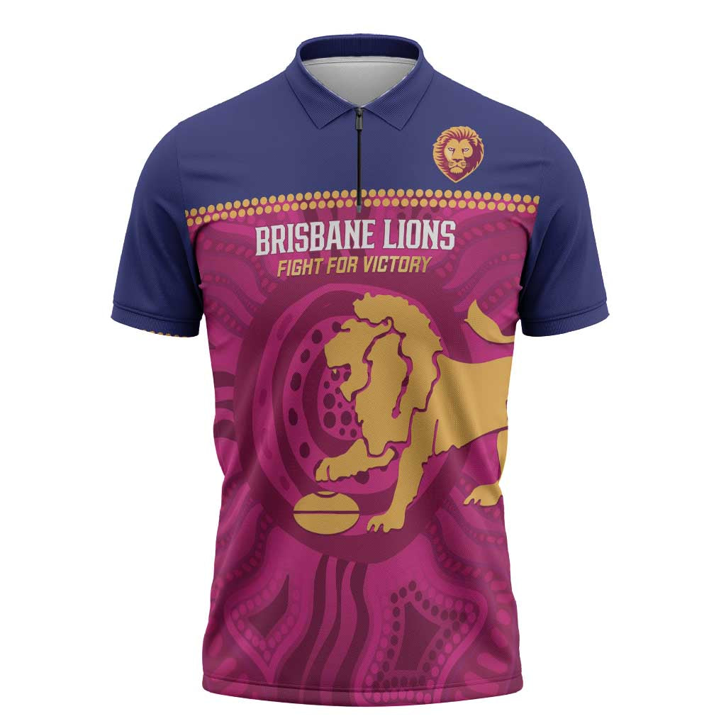 AFL Lions Football Custom Zipper Polo Shirt Brisbane Fight For Victory Indigenous Art - Aussie Hoodie