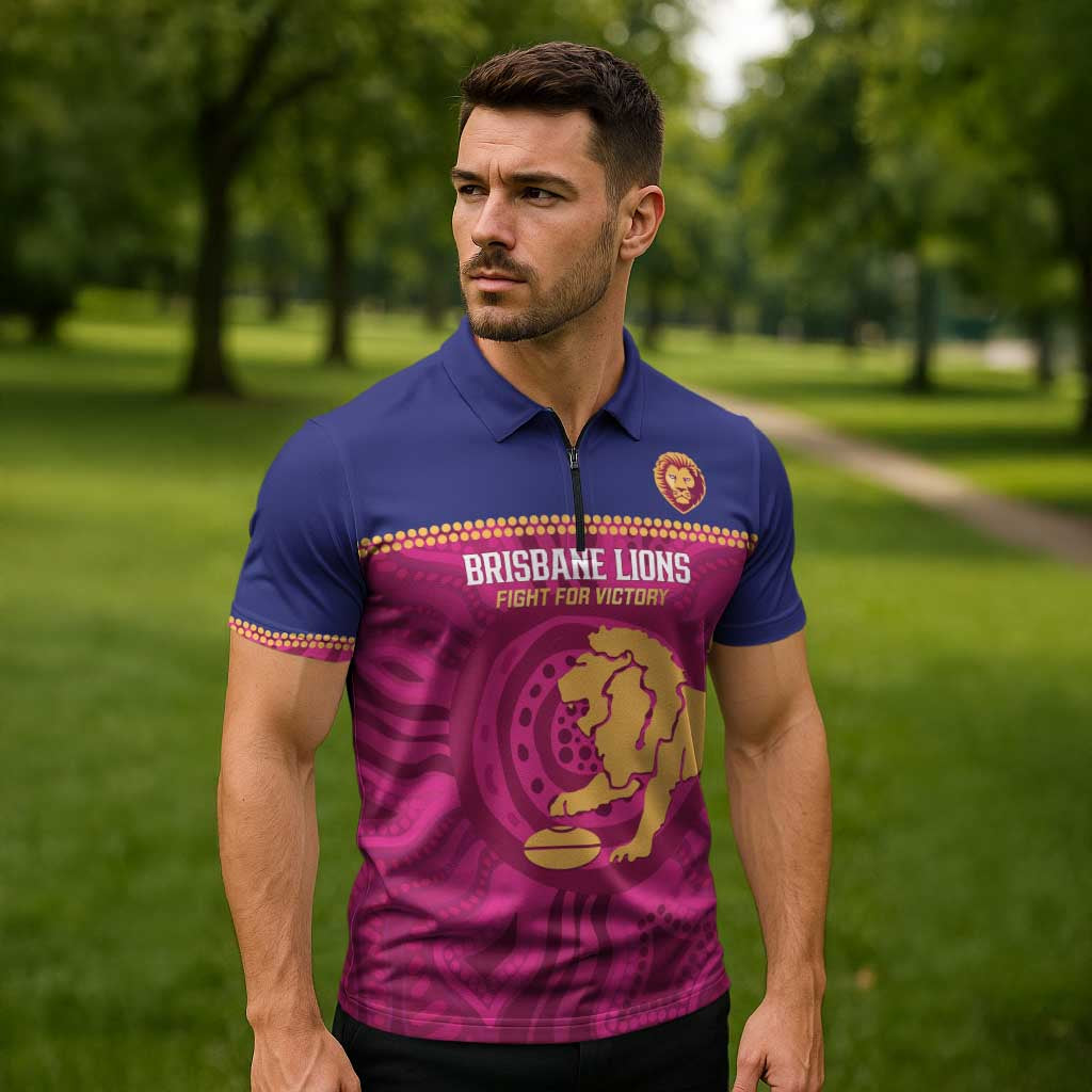 AFL Lions Football Custom Zipper Polo Shirt Brisbane Fight For Victory Indigenous Art - Aussie Hoodie