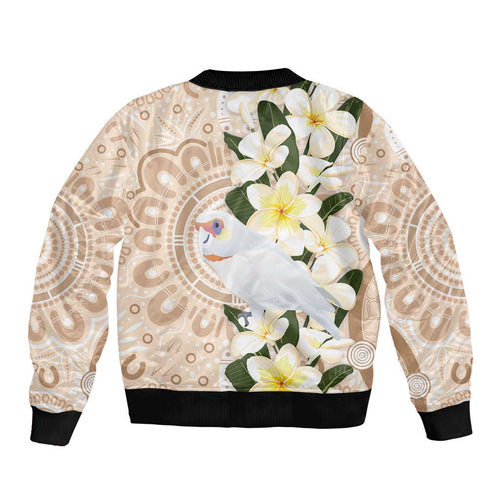 Australia Long-billed Corella Bomber Jacket Cacatua Tenuirostris Plumeria Aboriginal Art - Aussie Hoodie