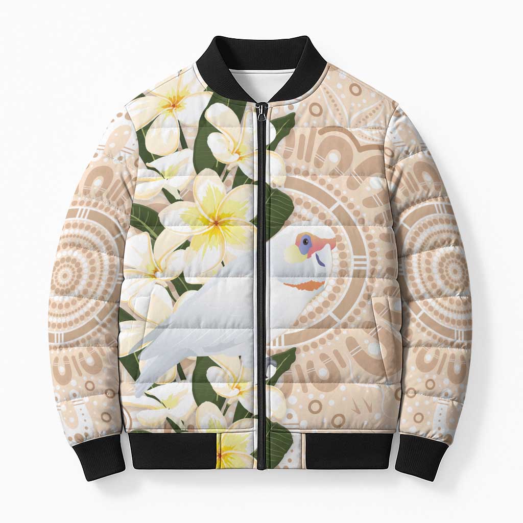 Australia Long-billed Corella Bomber Puffer Jacket Cacatua Tenuirostris Plumeria Aboriginal Art - Aussie Hoodie