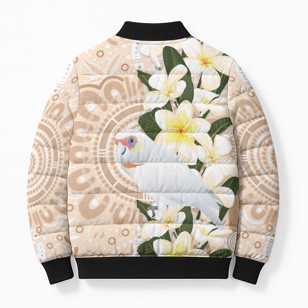 Australia Long-billed Corella Bomber Puffer Jacket Cacatua Tenuirostris Plumeria Aboriginal Art - Aussie Hoodie