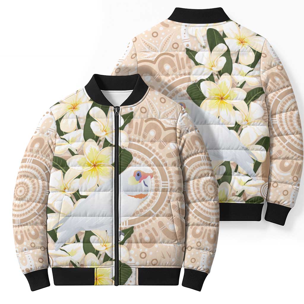 Australia Long-billed Corella Bomber Puffer Jacket Cacatua Tenuirostris Plumeria Aboriginal Art - Aussie Hoodie