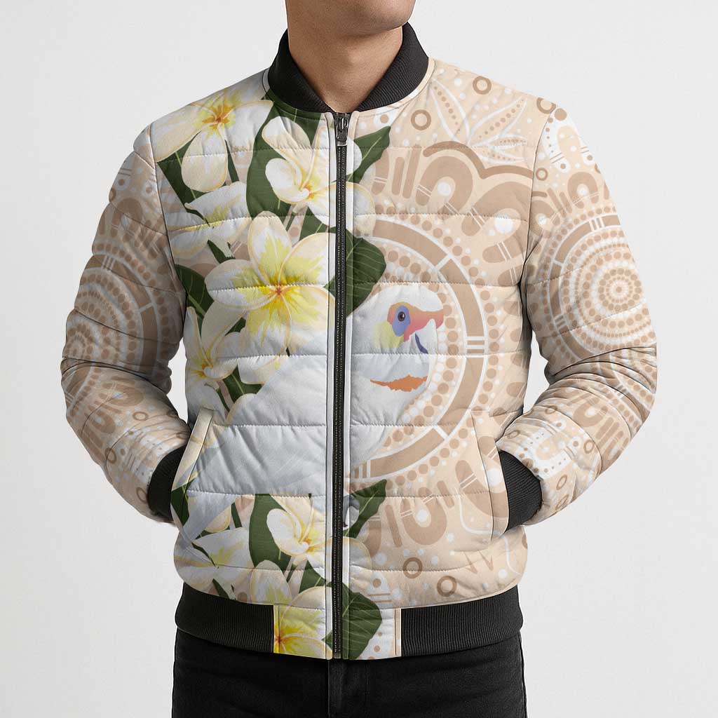 Australia Long-billed Corella Bomber Puffer Jacket Cacatua Tenuirostris Plumeria Aboriginal Art - Aussie Hoodie