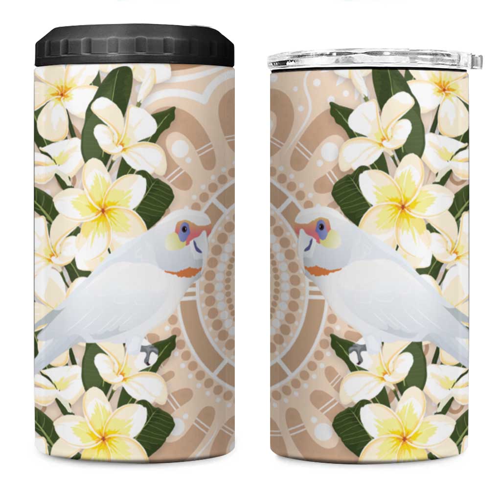 Australia Long-billed Corella 4 in 1 Can Cooler Tumbler Cacatua Tenuirostris Plumeria Aboriginal Art - Aussie Hoodie