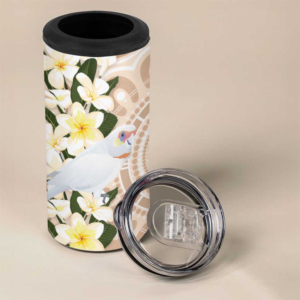 Australia Long-billed Corella 4 in 1 Can Cooler Tumbler Cacatua Tenuirostris Plumeria Aboriginal Art - Aussie Hoodie