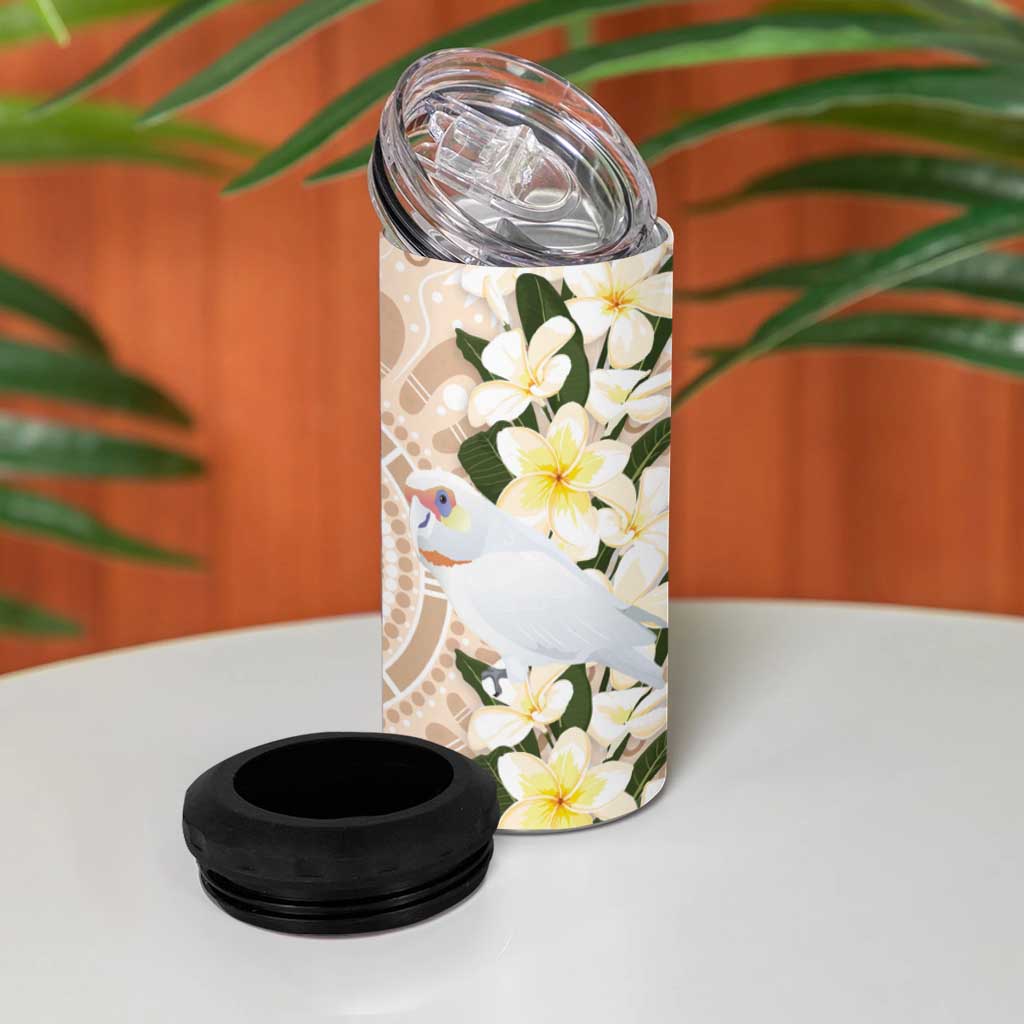 Australia Long-billed Corella 4 in 1 Can Cooler Tumbler Cacatua Tenuirostris Plumeria Aboriginal Art - Aussie Hoodie
