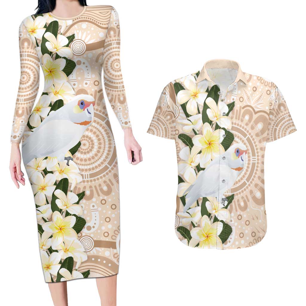 Australia Long-billed Corella Couples Matching Long Sleeve Bodycon Dress and Hawaiian Shirt Cacatua Tenuirostris Plumeria Aboriginal Art - Aussie Hoodie