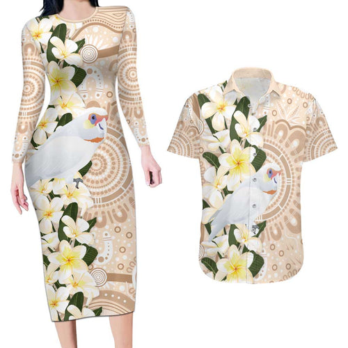 Australia Long-billed Corella Couples Matching Long Sleeve Bodycon Dress and Hawaiian Shirt Cacatua Tenuirostris Plumeria Aboriginal Art - Aussie Hoodie