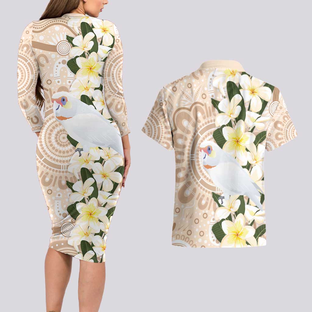 Australia Long-billed Corella Couples Matching Long Sleeve Bodycon Dress and Hawaiian Shirt Cacatua Tenuirostris Plumeria Aboriginal Art - Aussie Hoodie