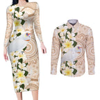 Australia Long-billed Corella Couples Matching Long Sleeve Bodycon Dress and Long Sleeve Button Shirt Cacatua Tenuirostris Plumeria Aboriginal Art - Aussie Hoodie