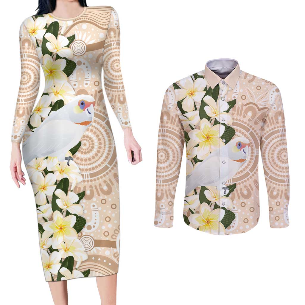 Australia Long-billed Corella Couples Matching Long Sleeve Bodycon Dress and Long Sleeve Button Shirt Cacatua Tenuirostris Plumeria Aboriginal Art - Aussie Hoodie