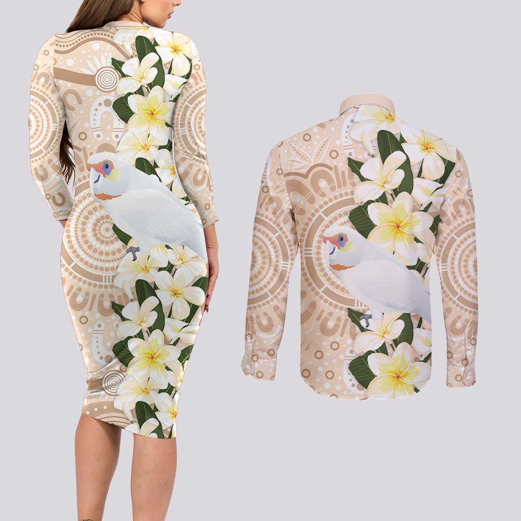 Australia Long-billed Corella Couples Matching Long Sleeve Bodycon Dress and Long Sleeve Button Shirt Cacatua Tenuirostris Plumeria Aboriginal Art - Aussie Hoodie
