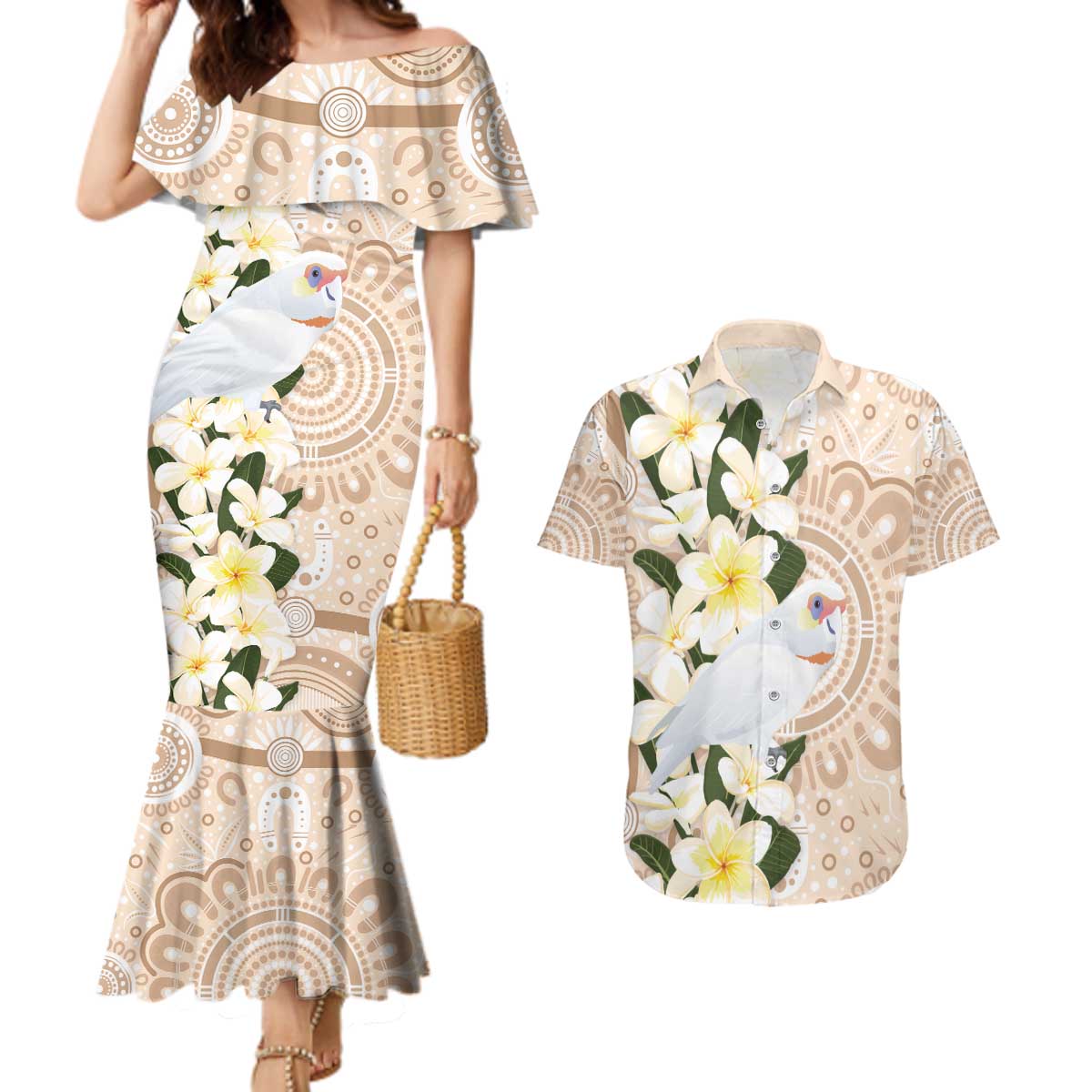 Australia Long-billed Corella Couples Matching Mermaid Dress and Hawaiian Shirt Cacatua Tenuirostris Plumeria Aboriginal Art - Aussie Hoodie