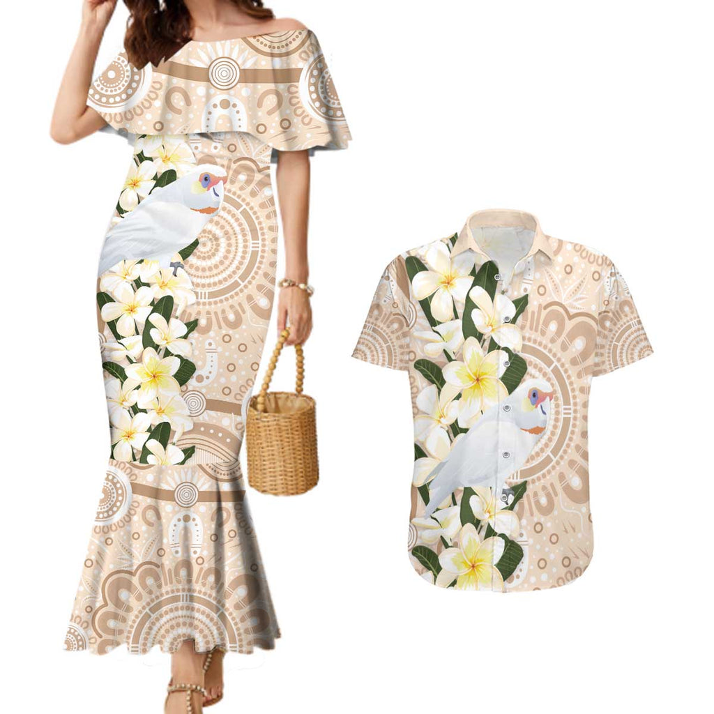 Australia Long-billed Corella Couples Matching Mermaid Dress and Hawaiian Shirt Cacatua Tenuirostris Plumeria Aboriginal Art - Aussie Hoodie